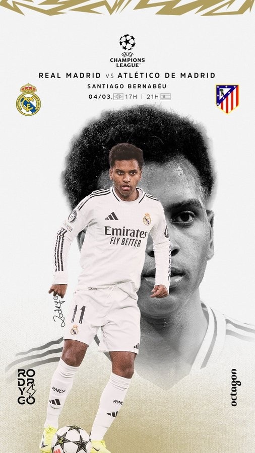 歐冠馬德里德比！羅德里戈曬個(gè)人海報(bào)：伯納烏見，HALA MADRID